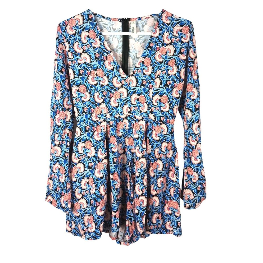 Valija Sz S Blue Floral Wide Leg Romper Tropical Summer Jumpsuit